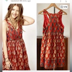 Free People red dress beaded boho indian jacquard gold stud party Sz 6
